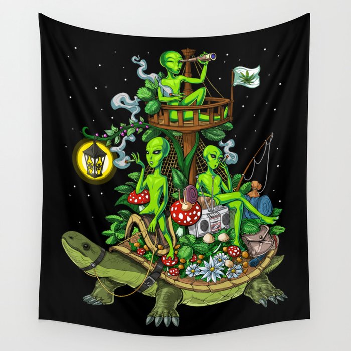 Psychedelic Aliens Space Trip Wall Tapestry