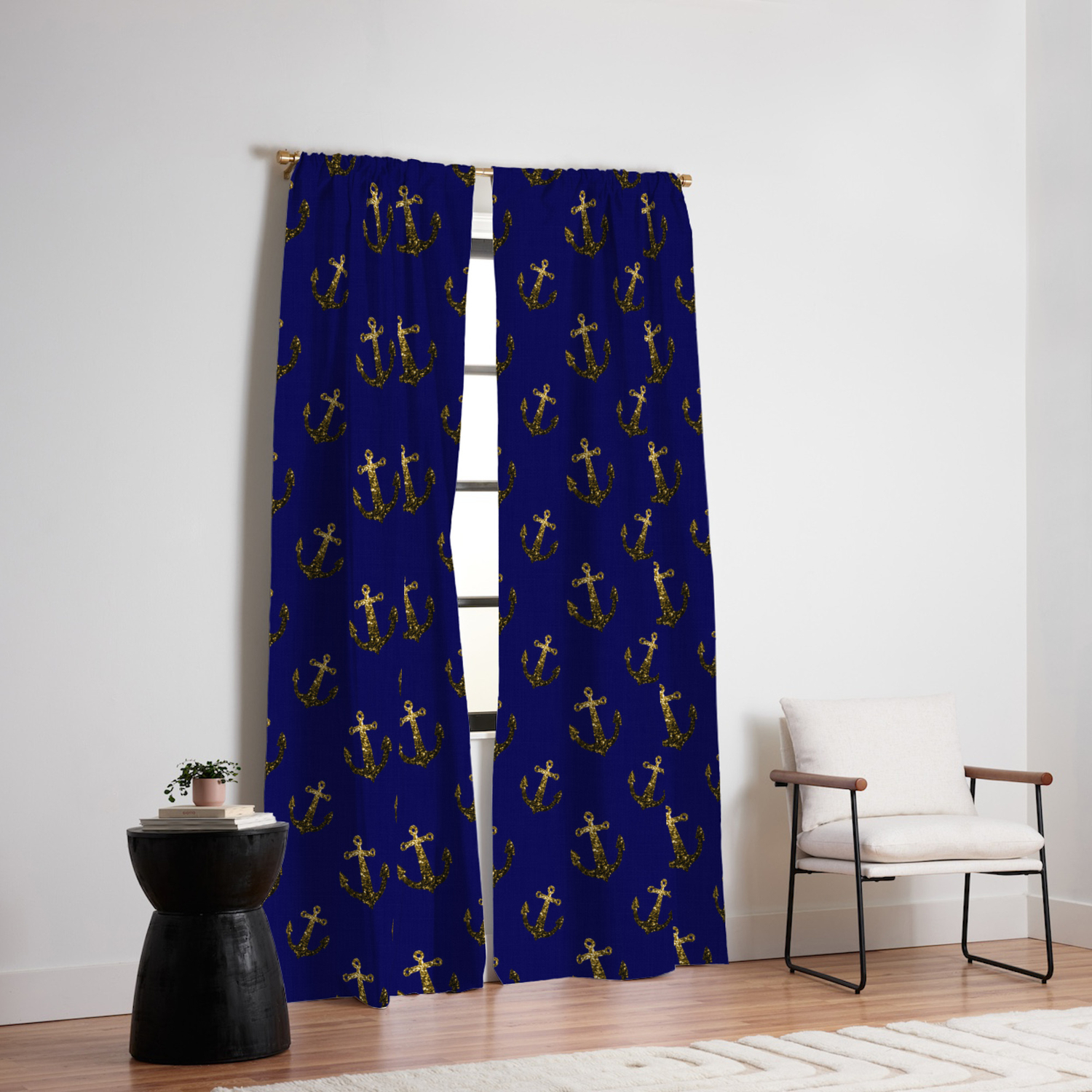 Gold Sparkles Sparkly Anchor Pattern Navy Blue Blackout Curtain By