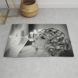 Jazz Age Blond Sipping Champagne black and white photograph / photography Rug | Woman, Blond, Blonde, Cocktails, Alcoholic, Gildedage, Female, Photographs, Roaringtwenties, Beverages 