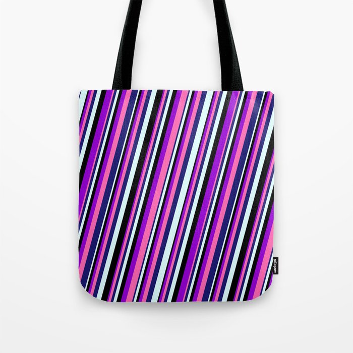 Dark Violet, Hot Pink, Midnight Blue, Light Cyan & Black Colored Lined/Striped Pattern Tote Bag