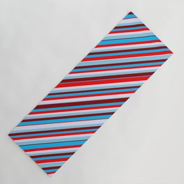 [ Thumbnail: Eyecatching Sky Blue, Dark Red, Deep Sky Blue, Red & Lavender Colored Lines/Stripes Pattern Yoga Mat ]
