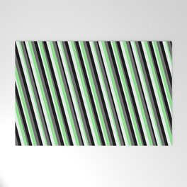 [ Thumbnail: Dim Gray, Light Green, Mint Cream & Black Colored Stripes Pattern Welcome Mat ]