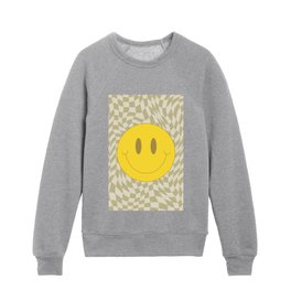 Olive green wavy checked with smiley Kids Crewneck