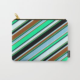 [ Thumbnail: Vibrant Green, Black, Sky Blue, Light Cyan & Brown Colored Lined/Striped Pattern Carry-All Pouch ]