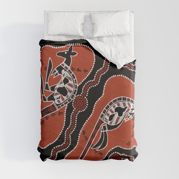 Authentic Aboriginal Art - Men Hunting Kangaroos Duvet Cover