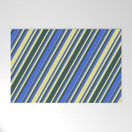 [ Thumbnail: Dark Slate Gray, Royal Blue, and Tan Colored Lined/Striped Pattern Welcome Mat ]