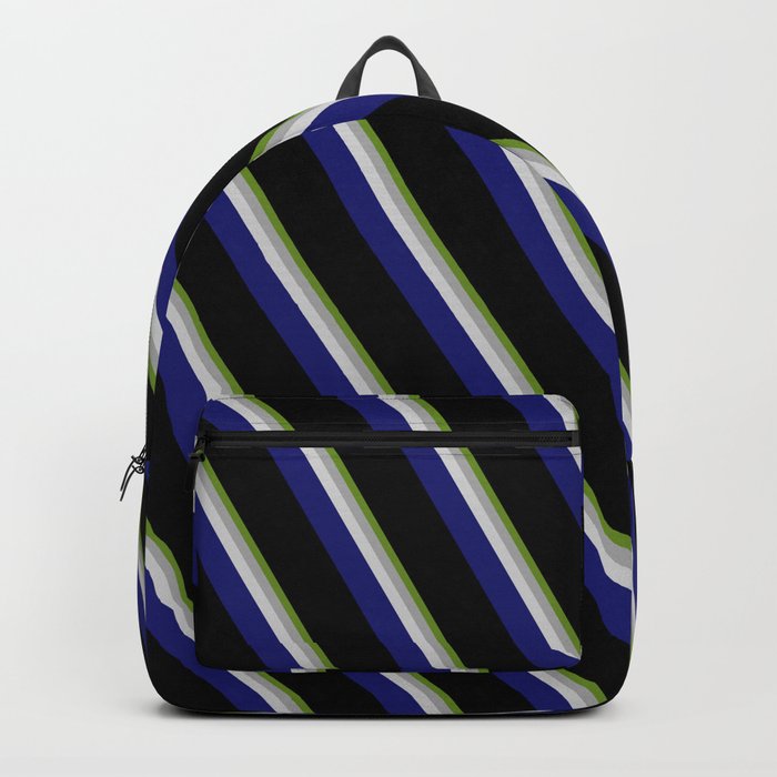 Vibrant Green, Dark Gray, Light Grey, Midnight Blue, and Black Colored Pattern of Stripes Backpack