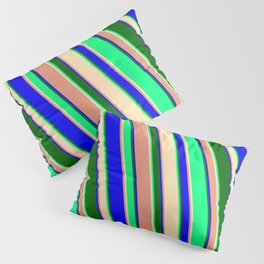 [ Thumbnail: Green, Beige, Dark Salmon, Blue & Dark Green Colored Striped/Lined Pattern Pillow Sham ]