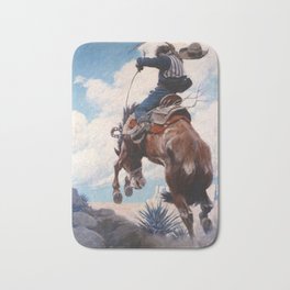 Bucking by Newell Convers Wyeth Bath Mat | Broncobuster, Sat, Fence, Bronco, Guys, Sitting, Painting, Riding, Horses, Cowboys 