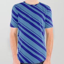 [ Thumbnail: Blue & Dark Blue Colored Lines Pattern All Over Graphic Tee ]