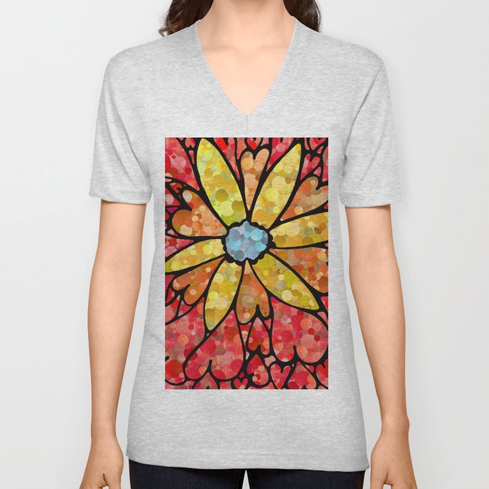 Love In Bloom - Bright Colorful Red And Yellow Flower Hearts V Neck T Shirt