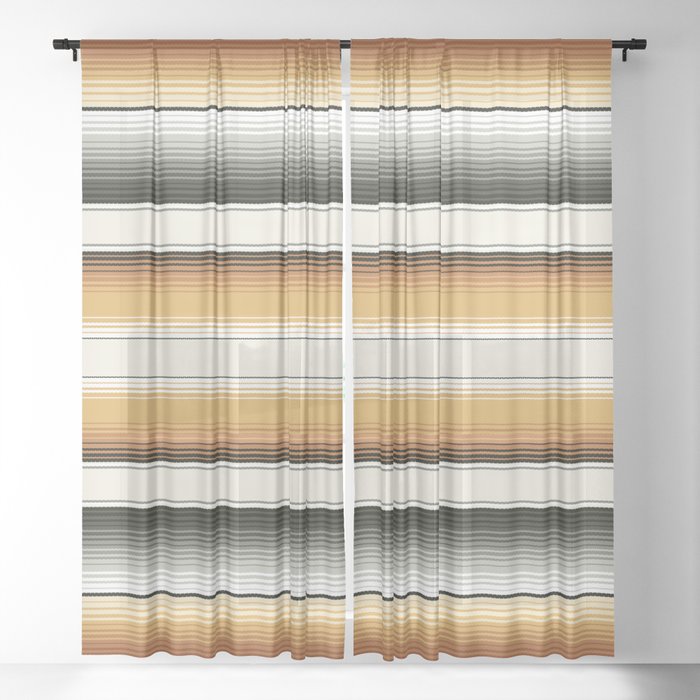 Navajo White, Gray, Black and Amber Brown Southwest Serape Blanket Stripes Sheer Curtain