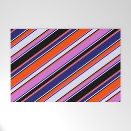 [ Thumbnail: Vibrant Red, Orchid, Midnight Blue, Lavender, and Black Colored Lines Pattern Welcome Mat ]