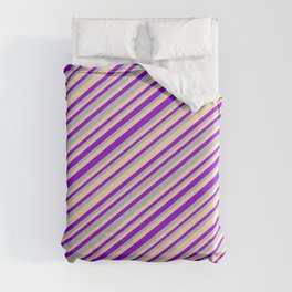 [ Thumbnail: Dark Violet, Grey, and Beige Colored Striped Pattern Duvet Cover ]