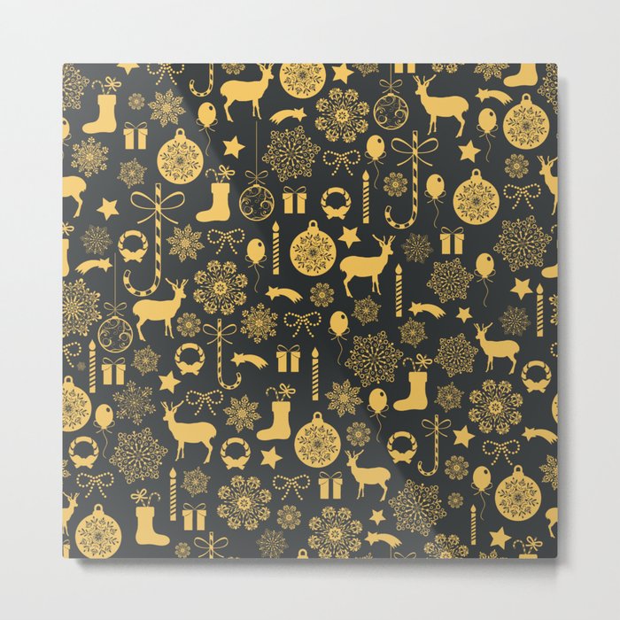 Gold Christmas elements pattern On Dark grey Background Metal Print