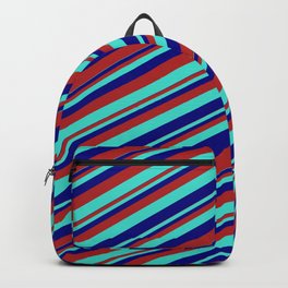 [ Thumbnail: Blue, Red & Turquoise Colored Stripes Pattern Backpack ]