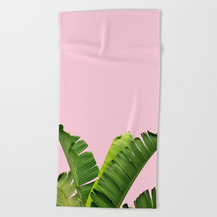 Pink Tropical Banana Leaves Beach Towel