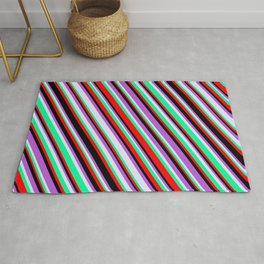 [ Thumbnail: Lavender, Green, Red, Black & Orchid Colored Lines/Stripes Pattern Rug ]