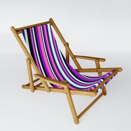 [ Thumbnail: Dark Violet, Hot Pink, Midnight Blue, Light Cyan & Black Colored Lined/Striped Pattern Sling Chair ]