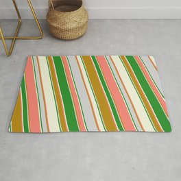 [ Thumbnail: Salmon, Dark Goldenrod, Light Grey, Forest Green, and Beige Colored Striped/Lined Pattern Rug ]