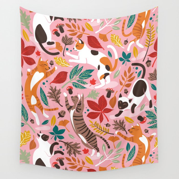 Autumn joy // light pink background cats dancing with many leaves in fall colors Wall Tapestry