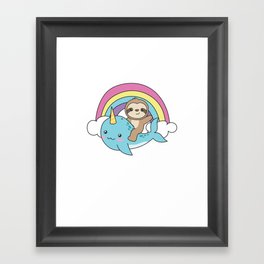 Narwhal Sloth Ocean Unicorn Kawaii Rainbow Framed Art Print
