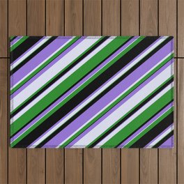 [ Thumbnail: Purple, Lavender, Forest Green & Black Colored Stripes Pattern Outdoor Rug ]