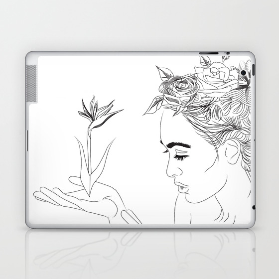Simple Black And White Ink Drawing Of Woman With Flowers In Hair Laptop Ipad Skin By Andwomandesign Society6