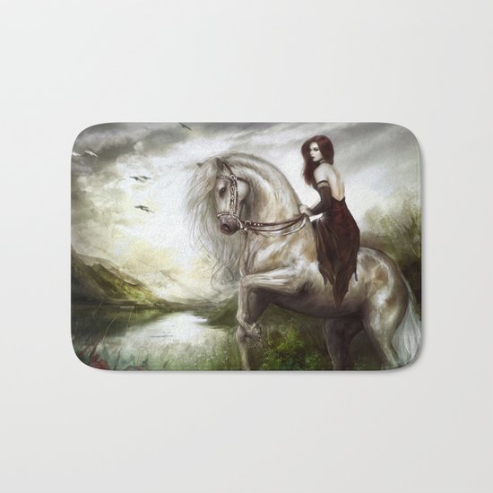 Morning welcome - Royal redead girl riding a white horse Bath Mat