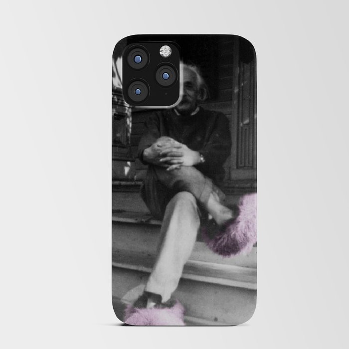 Satirical Einstein in Fuzzy Pink Slippers Classic E = mc² Black and White Satirical Photography  iPhone Card Case