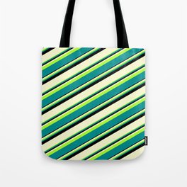 [ Thumbnail: Light Green, Dark Cyan, Black & Light Yellow Colored Striped/Lined Pattern Tote Bag ]