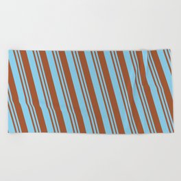 [ Thumbnail: Sky Blue & Sienna Colored Lined/Striped Pattern Beach Towel ]