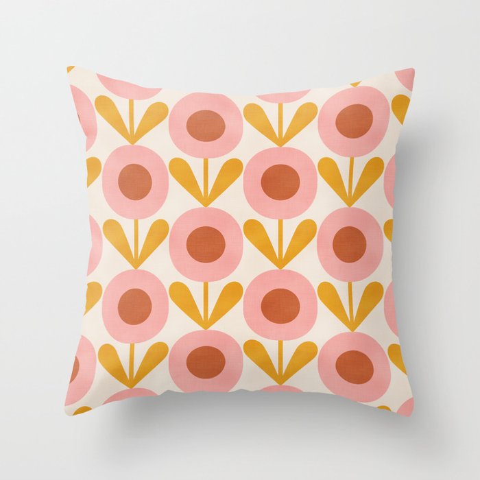 Joyful Retro Flowers Blush Pink Gold Throw Pillow by Bobbie Val