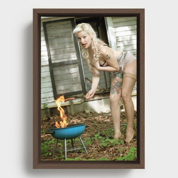 Grilling some weiners Framed Canvas