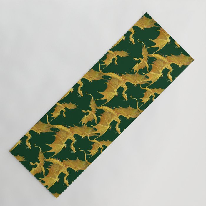 golden dragons on a green background Yoga Mat