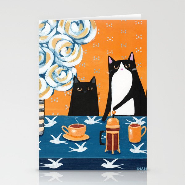 Orange and Blue French Press Cats Stationery Cards
