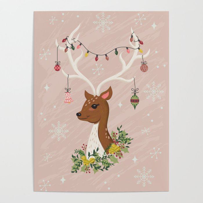 Christmas Deer in Blush Pink Poster