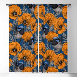 Fairy wrens and orange poppy flowers on dark blue Blackout Curtain