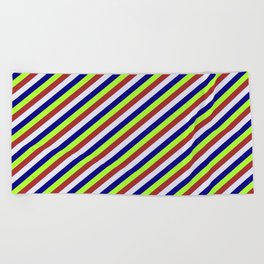 [ Thumbnail: Light Green, Brown, Lavender & Blue Colored Stripes/Lines Pattern Beach Towel ]