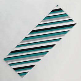 [ Thumbnail: Teal, Dark Grey, White, and Black Colored Lines/Stripes Pattern Yoga Mat ]