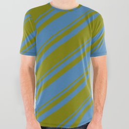 [ Thumbnail: Blue and Green Colored Striped Pattern All Over Graphic Tee ]