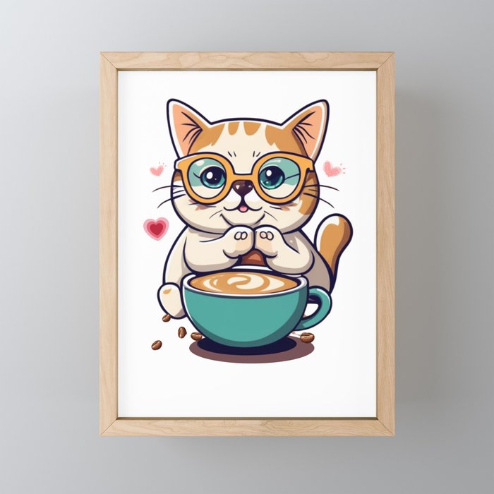 coffee cat Framed Mini Art Print