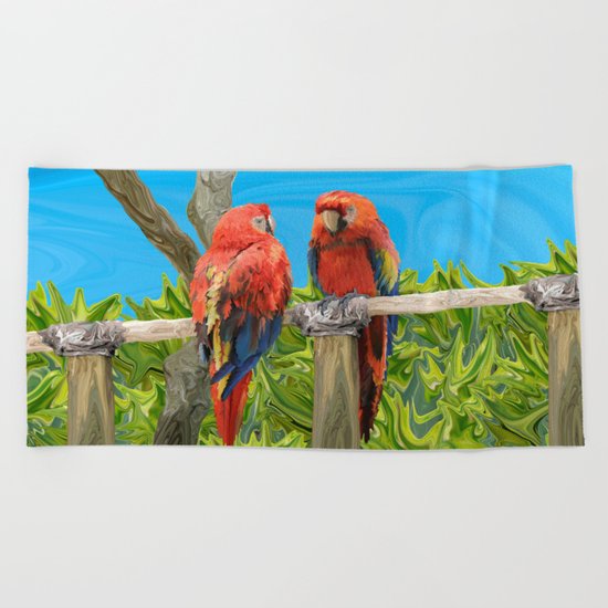 Scarlet Macaw Parrots Perching Beach Towel
