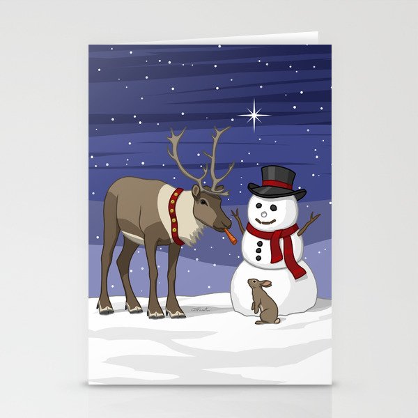 Santa's Reindeer Giving Snowman's Carrot Nose To Bunny Stationery Cards