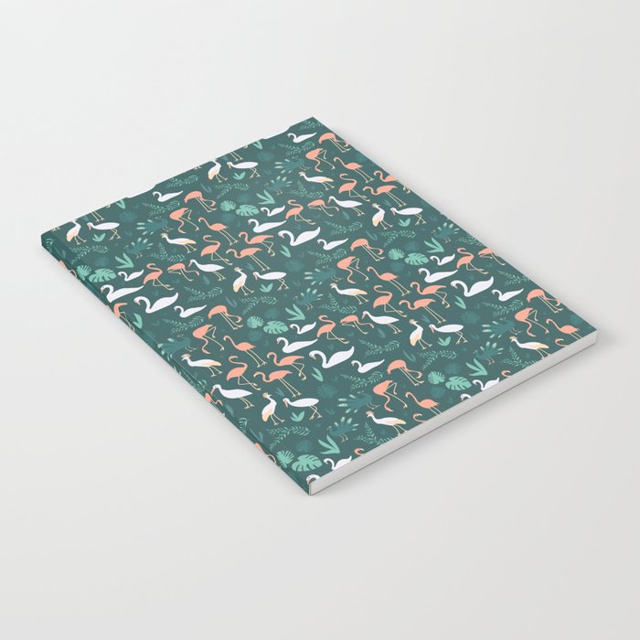 Peacocks, flamingos, swans, storks, cranes in pastel colors on dark green background Notebook