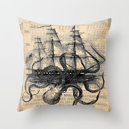 Octopus Kraken attacking Ship Antique Almanac Paper Throw Pillow
