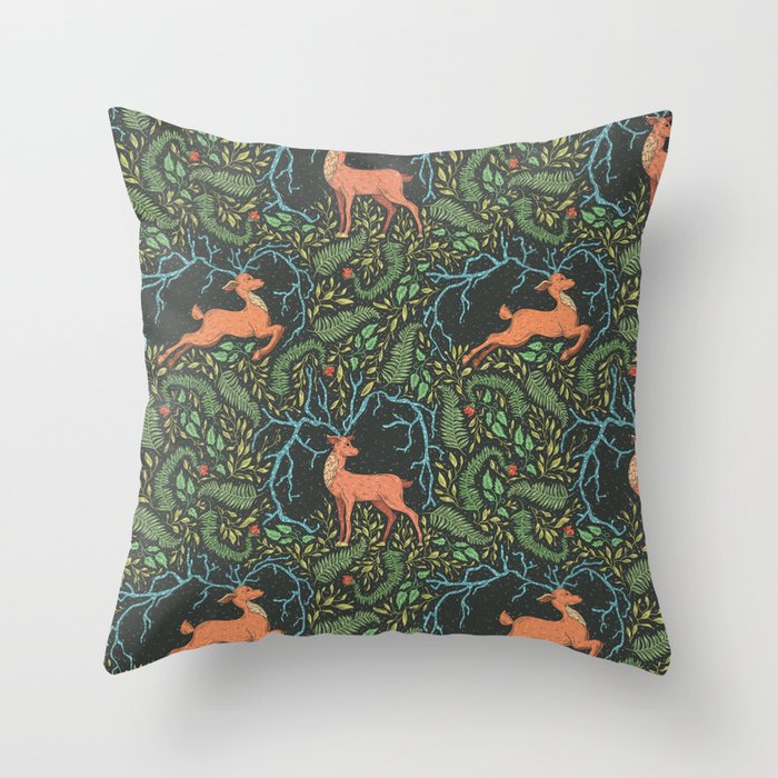 Deer, king of the forest among green fern and leaves Throw Pillow