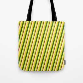 [ Thumbnail: Vibrant Beige, Yellow, Chartreuse, Red & Green Colored Pattern of Stripes Tote Bag ]