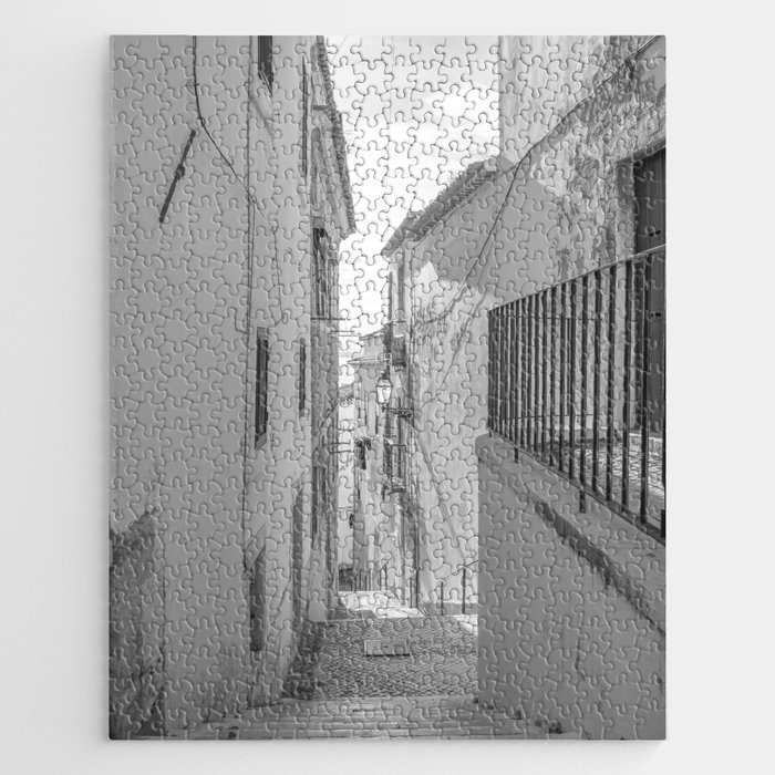 Vintage black and white street alley in Alfama Lisbon Portugal - summer travel photography Jigsaw Puzzle