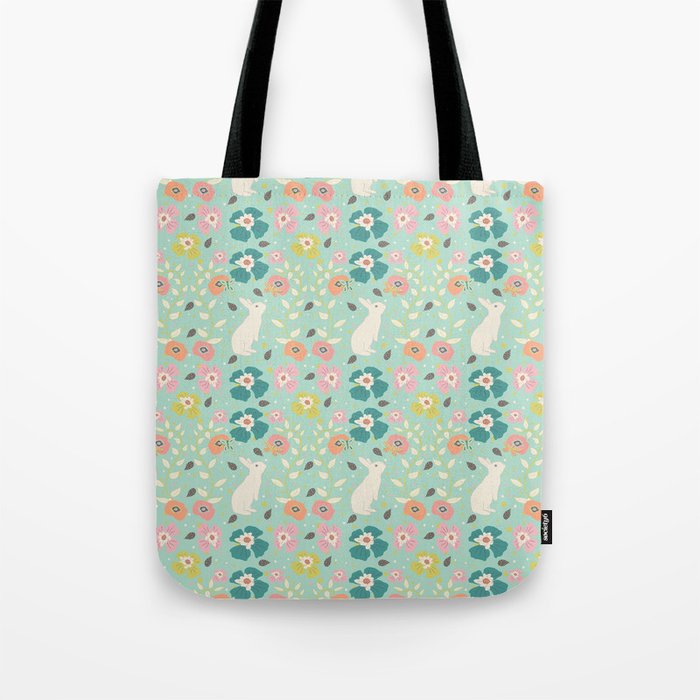 Floral Bunny Motif Tote Bag